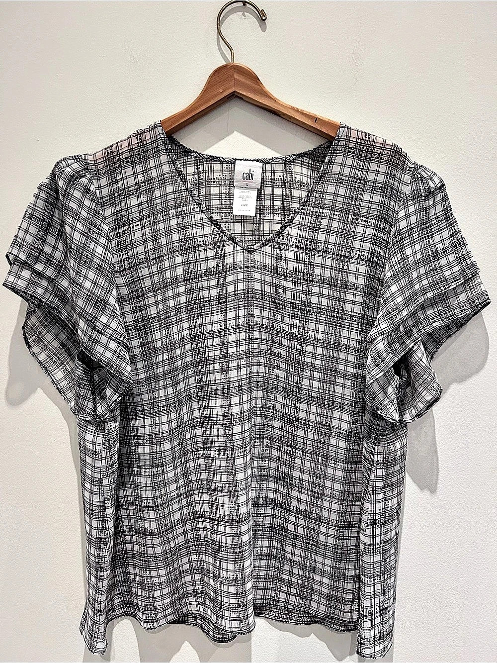 cabi Agenda Top Plaid Short Sleeve Blouse White & Black Large